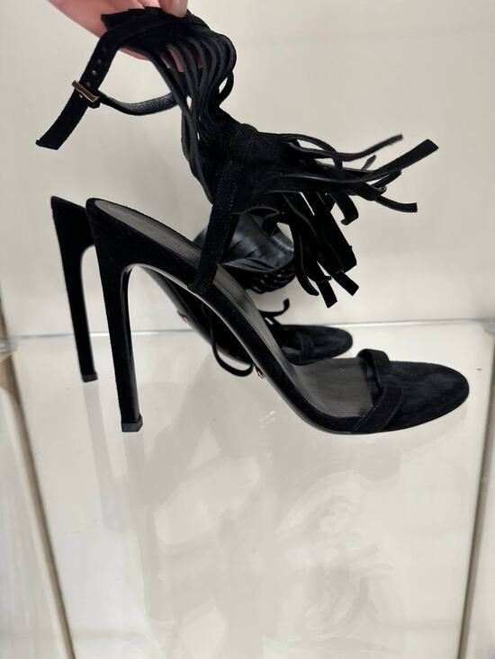 Gucci Shoes - Gucci Becky Black Suede Fringe High-Heel Sandals Sz.38
